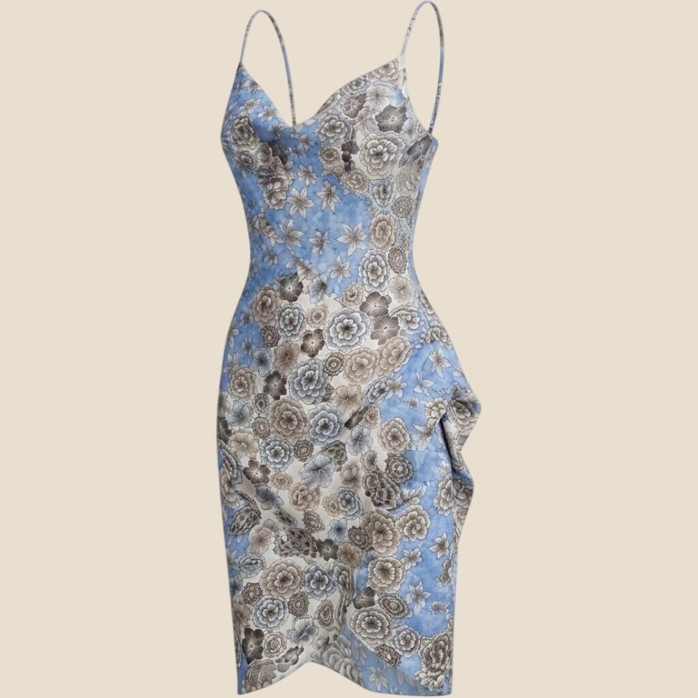 Guess Dress Womens 2 Blue Floral Asymmetrical Ruffle Midi Sheath Cami Straps